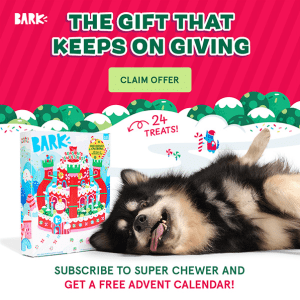 Ad shows a playful dog from one of the best dog breeds lying on its back in front of an advent calendar with the text: "The gift that keeps on giving. Subscribe to Super Chewer and get a free advent calendar.