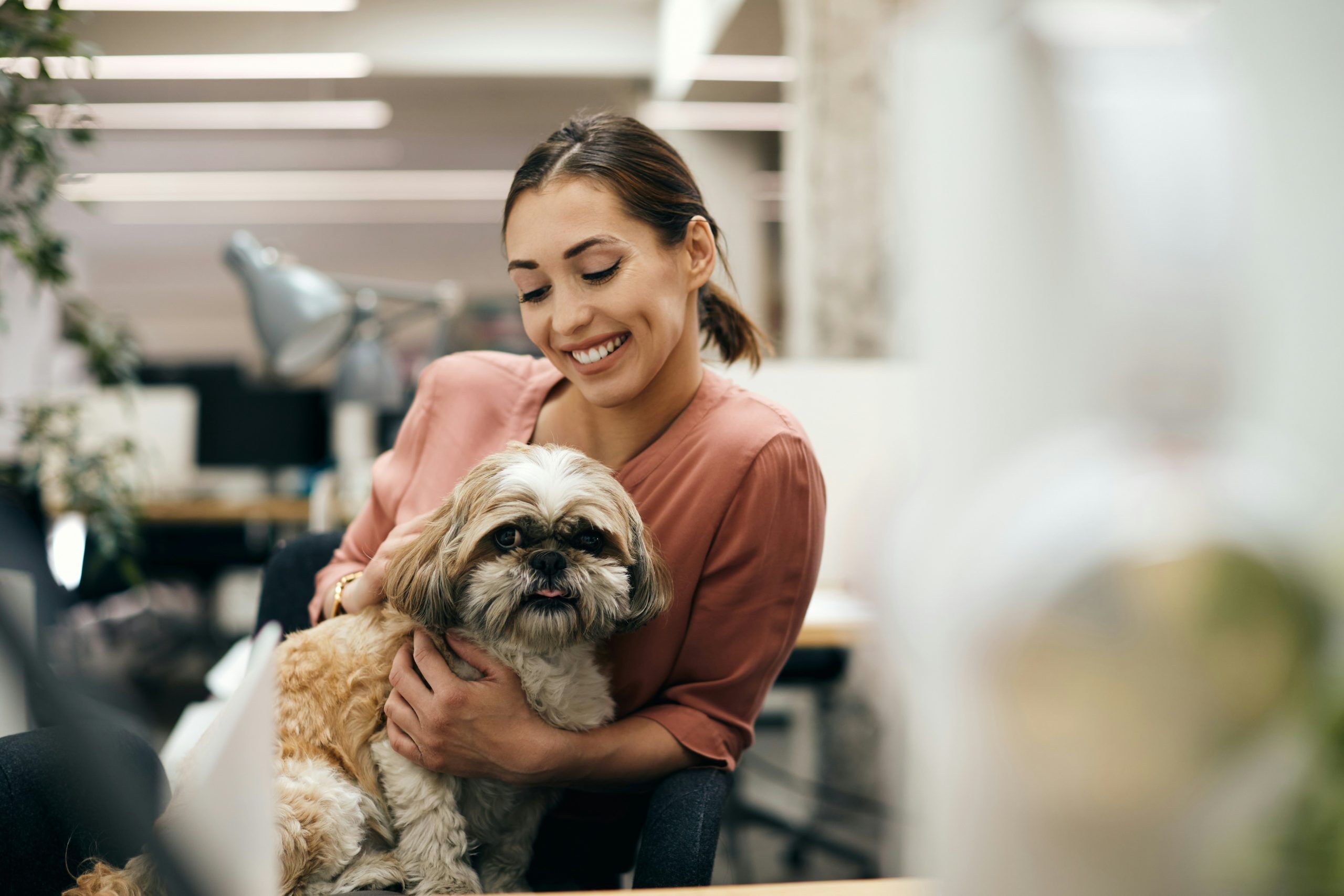 A woman smiling and holding a small, fluffy shih tzus while sitting at a desk in an office environment.