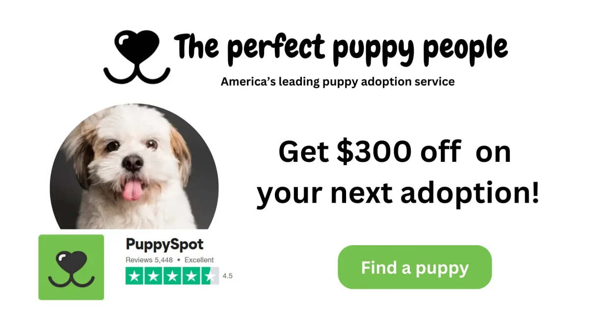 Ad for PuppySpot featuring a small white dog with text promoting $300 off adoptions and a 4.5-star rating. Includes a "Find a puppy" button.